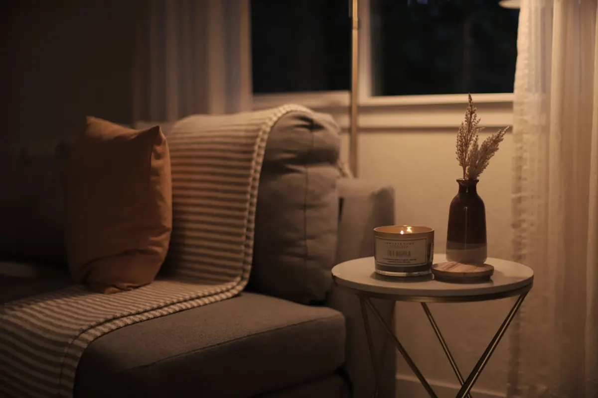 Soffa med pläd och kuddar i kvällsljus bredvid ett litet sidobord