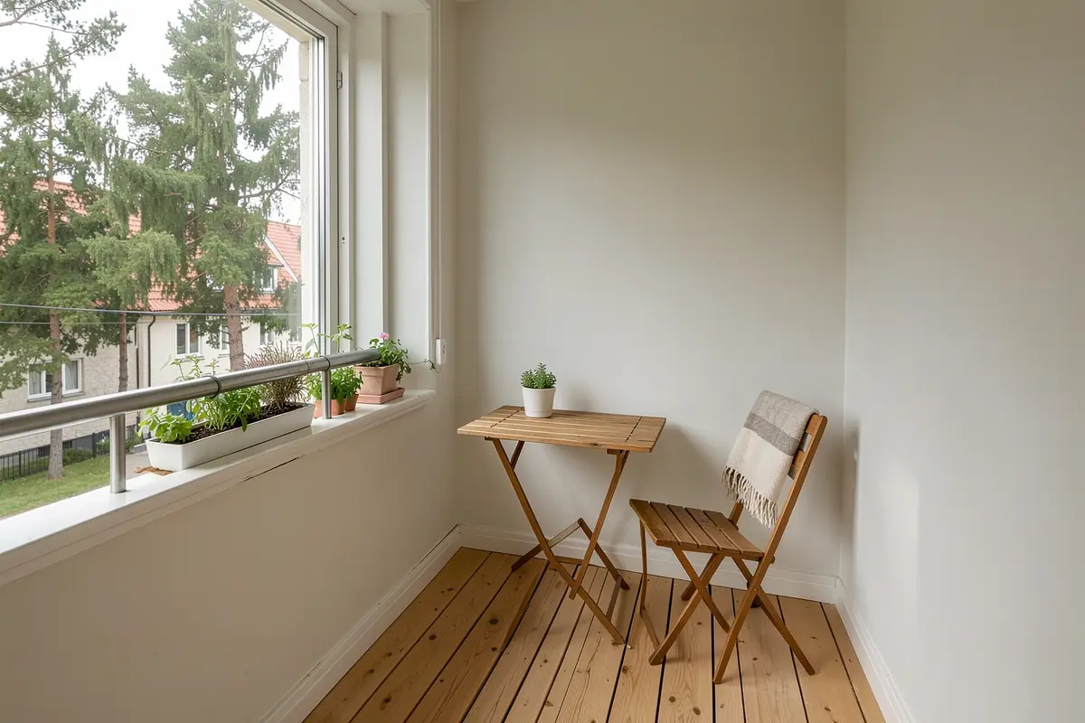 En liten balkong med fällbart bord: möblerna tas in eller fälls ihop när ytan behövs till annat.