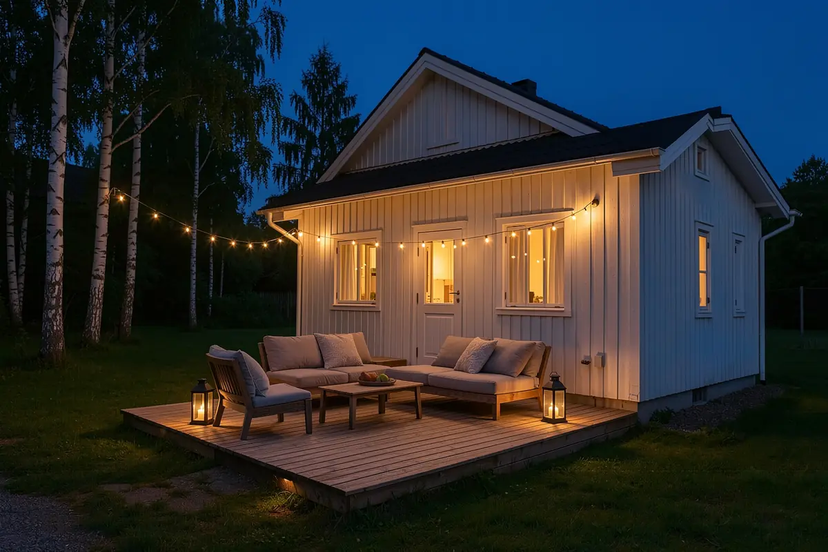 Svenskt trähus i skymningen med tänt i fönstren, ljusslinga och en loungegrupp på trädäcket