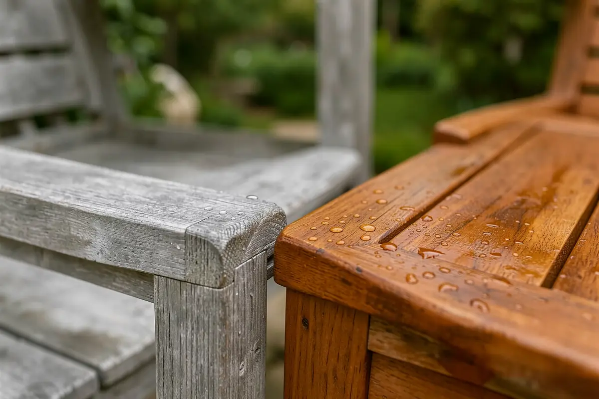 Närbild på grånat obehandlat teak bredvid nyoljat teak med vattendroppar