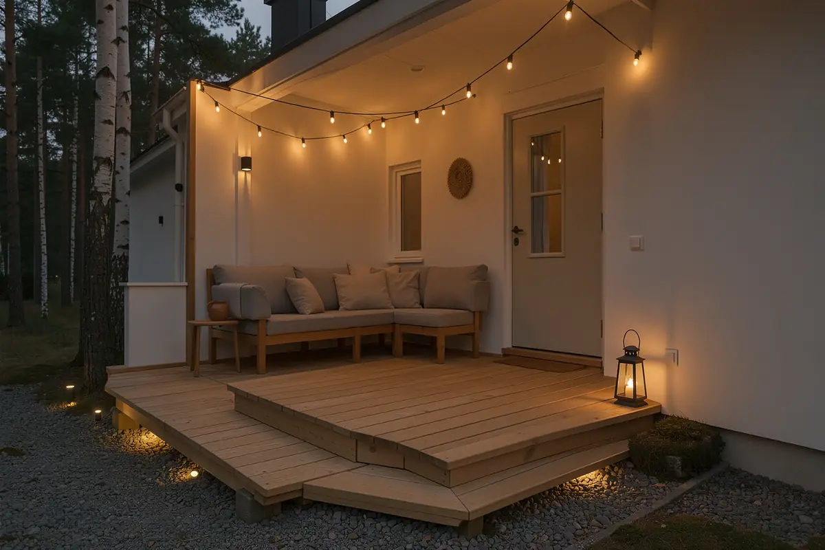 Flera svaga ljuskällor: slinga över sittgruppen, lykta vid trappan och låga spotar längs gången. Ingen lampa lyser rakt i ögonen på den som sitter.