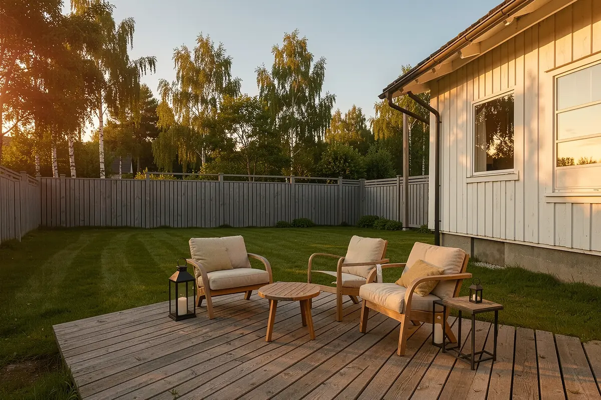 Trädäck vid ett svenskt hus i kvällssol med loungegrupp och lyktor