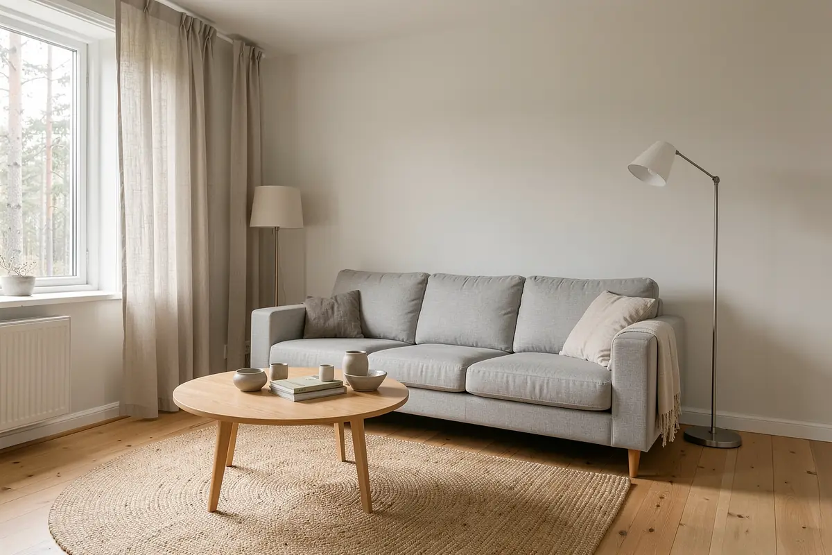 Svenskt vardagsrum med rak tresitssoffa, runt soffbord och golvlampa