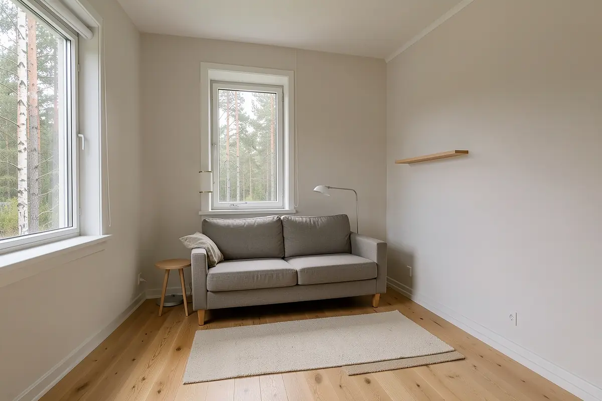 Litet svenskt vardagsrum med kompakt soffa på ben, litet sidobord och fri gångyta